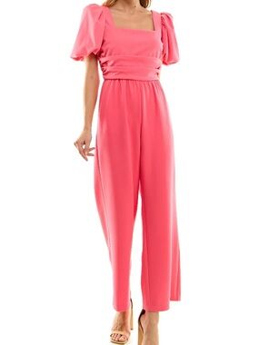 NWT Nicole Miller Sz 12 Coral-Pink Puff-Sleeve Square-Neck Jumpsuit-Stunning!!